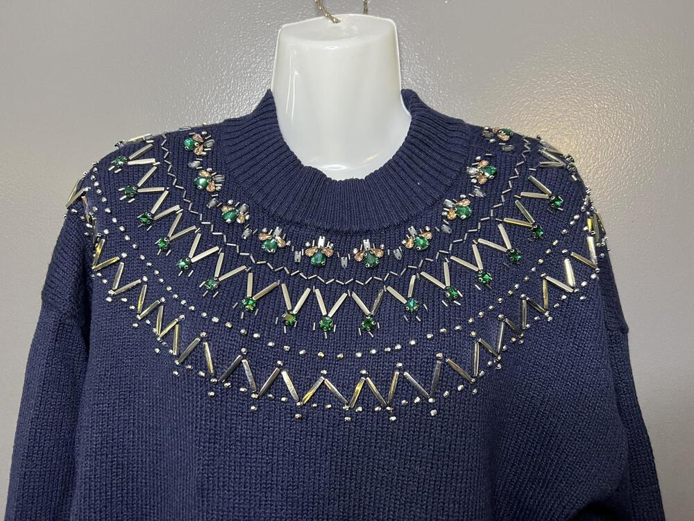 Talbots Sweater Womens Large Blue Mock Neck Beaded Jewel Yoke Knit Pullover